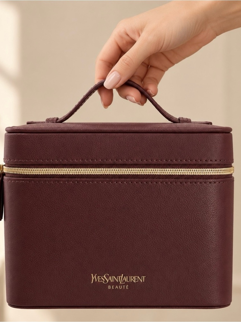 Yves Saint Laurent Burgundy Leather Cosmetic Case with Gold Accents